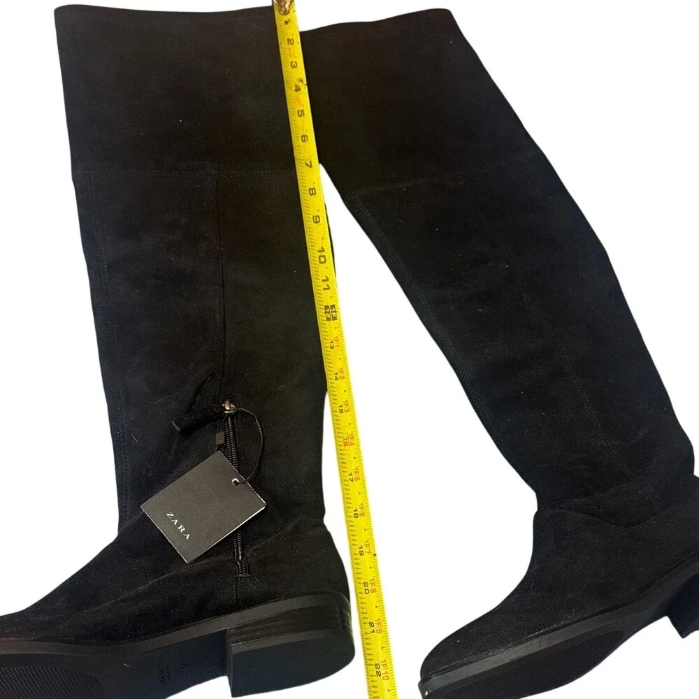 Zara Basic Black Faux Suede Over The Knee OTK Low Block Heel‎ Boots Size 37 NEW